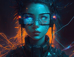 An evocative colored sketch of a cyberpunk girl with glowing optics (Generative AI)
