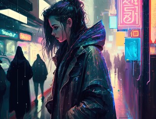 An evocative colored sketch of a cyberpunk girl 
(Generative AI)