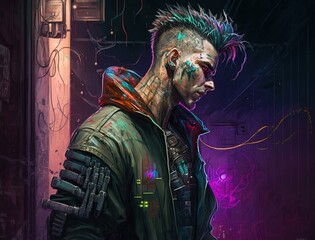 A vibrant, detailed drawing of a man wearing futuristic cyberpunk attire (Generative AI)