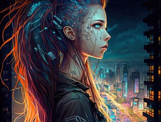 An evocative colored sketch of a cyberpunk girl (Generative AI)
