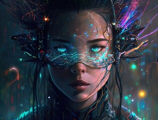 An evocative colored sketch of a cyberpunk girl with glowing optics (Generative AI)