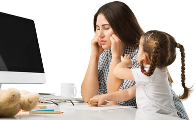 Happy busy mother working with a child on laptop