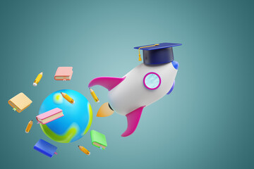 Back to school. Planet book rocket. 3d rendering