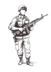 Black and white illustration of a soldier with gun. Army, military, armed force vector