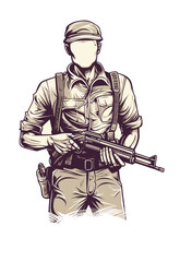 Obraz premium Black and white illustration of a soldier with gun. Army, military, armed force vector