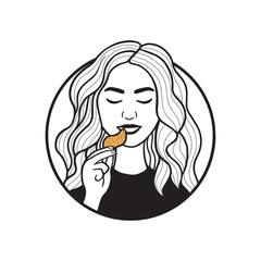 Cute girl eating food logo banner hand drawn line illustration