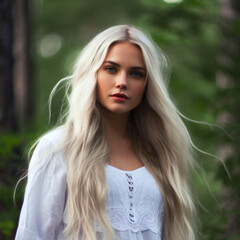 Naklejka premium Portrait of beautiful young woman with long white hair in the forest. Portrait of an attractive young woman in the woods with long white hair made with AI generative technology
