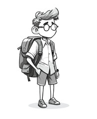 Black and white illustration of a school boy with bag