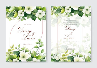 Social media green watercolor floral wedding invitation card template set. Garden theme wedding invitation.