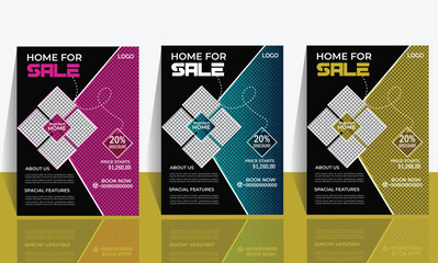home sale flyer template,  pink purple, and green color a4 print-ready flyer.