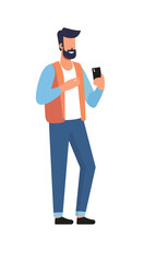 Man with mobile phone. Male character holding smartphone