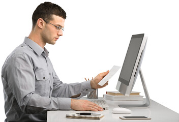 Young Caucasian man worker speak in glasses look at computer operational problems. Frustrated man surprised by unexpected error on computer device.