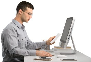 Young Caucasian man worker speak in glasses look at computer operational problems. Frustrated man surprised by unexpected error on computer device.