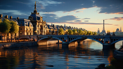 Fototapeta na wymiar A romantic view of a bridge in Paris, ai generative