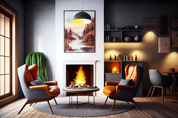 Living Room Interior With Fireplace Generative AI