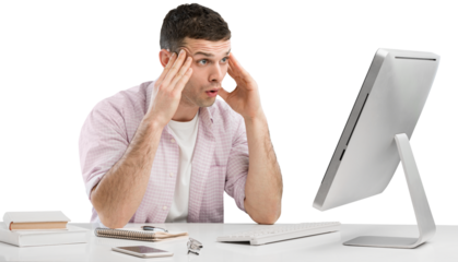 Young Caucasian man worker speak in glasses look at computer operational problems. Frustrated man surprised by unexpected error on computer device.