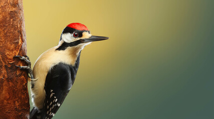 Woodpecker Looking at the Camera. Solid color background with empty space for text. Web Banner template. Generative AI - obrazy, fototapety, plakaty