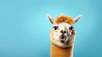 Fototapeta premium Alpaca Looking at the Camera. Solid color background with empty space for text. Web Banner template. Generative AI