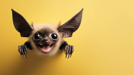 Bat Looking at the Camera. Solid color background with empty space for text. Web Banner template. Generative AI