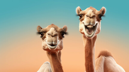 Camels Looking at the Camera. Solid color background with empty space for text. Web Banner template. Generative AI