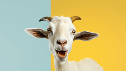 Goat Looking at the Camera. Solid color background with empty space for text. Web Banner template. Generative AI