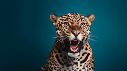 Fototapeta na wymiar Jaguar Looking at the Camera. Solid color background with empty space for text. Web Banner template. Generative AI