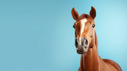 Horse Looking at the Camera. Solid color background with empty space for text. Web Banner template. Generative AI