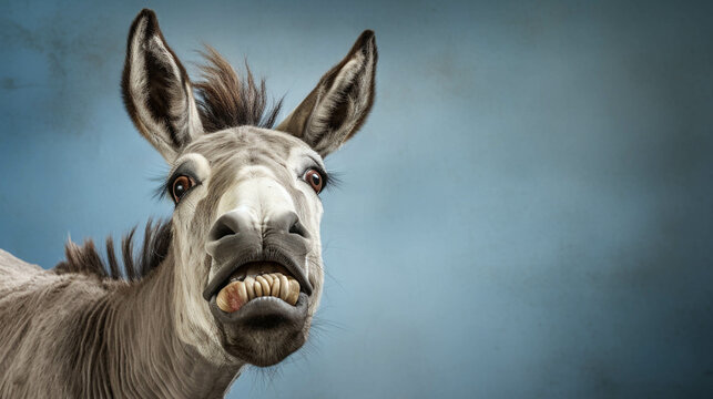 Donkey Looking at the Camera. Solid color background with empty space for text. Web Banner template. Generative AI © s1llu