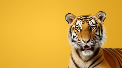 Fototapeta na wymiar Tiger Looking at the Camera. Solid color background with empty space for text. Web Banner template. Generative AI