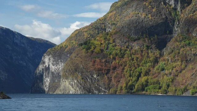 View from an electrical cruise ship on Sognefjord,  Aurlandsfjord Flam, Norway. Impressive mountain landscape of fjords and blue water