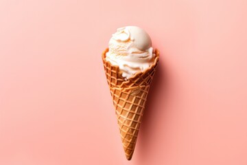 Vanilla ice cream scoop in waffle cone on a pink background. AI generated.