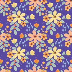 Obraz premium Beautiful blooming flowers on purple color background seamless pattern. Can be used for fabric textile wallpaper.