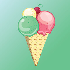 Vector illustration delicious colorful ice cream waffle con. Icecream green tea strawberry pineapple scoops. on green background. Idea for poster, product, t-shirt. Vector icon ice cream cone.