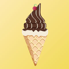 Vector illustration delicious colorful ice cream waffle con. Icecream chocolate scoops isolated. on yellow background. Idea for poster, product, t-shirt. Vector icon ice cream cone.