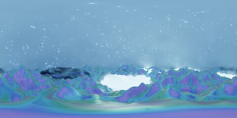 3D Illustration; Computer-generated imagery;  CGI modeling; HDRI; 360º view panoramic; VR; Iridescent mountain glowing neon blue landscape 