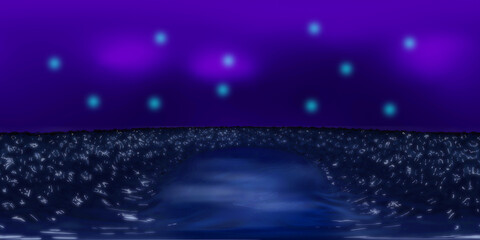 3D Illustration; Computer-generated imagery;  CGI modeling; HDRI; 360º view panoramic; VR; Water reflections with purple sky night 