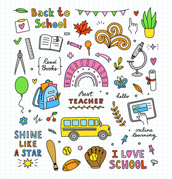 School vector set. School doodle icons. Cute learning illustrations