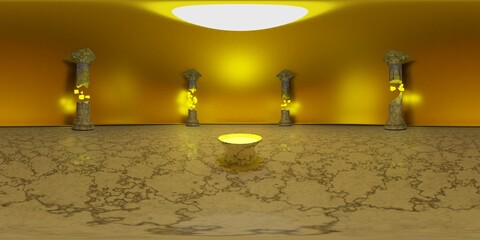 3D Illustration; Computer-generated imagery;  CGI modeling; HDRI; 360º view panoramic; VR; Golden interior with a yellow lighted totem