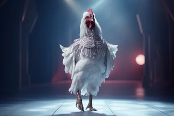 Fotobehang Illustration of  chicken or hen wearing a dress like a model walks down the fashion runway or catwalk. The stage lights are focused on it. Generative Ai. © aiAnxiety