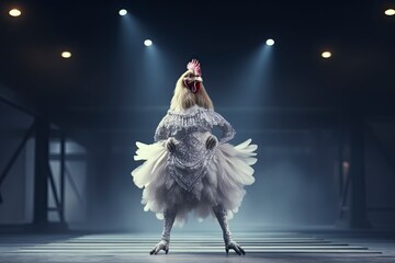 Illustration of  chicken or hen wearing a dress like a model walks down the fashion runway or catwalk. The stage lights are focused on it. Generative Ai. - Powered by Adobe