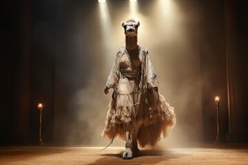 Illustration of a camel wearing a dress like a model walks down the fashion runway or catwalk. The stage lights are focused on it. Generative Ai.