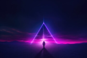 Modern futuristic neon background and triangle glowing   in the center of sand dune and lonely man silhouette. Generative AI