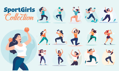 Set of young womans doing fitness. Vector illustration of sport girls