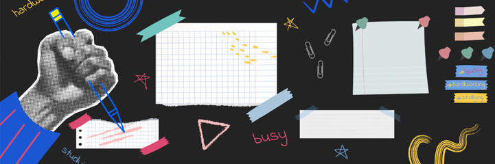 A collection of torn notebook papers. With elements of collage hands and stickers. Scotch tape and marker sketches. Modern punk notes.
