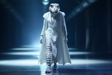 Illustration of a crocodile wearing a coat and dress like a model walks down the fashion runway or catwalk. The stage lights are focused on it. Generative Ai.