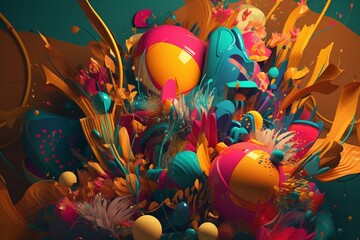 A colorful abstract design with a mix of patterns and shapes inspired by the jungle, Generative AI