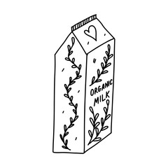 Organic milk carton. Hand drawn doodle style. Vector illustration isolated on white. Coloring page.