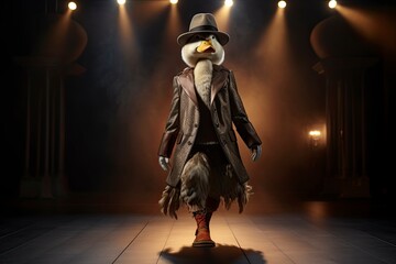 Illustration of  duck wearing a coat, pants and hat like a model walks down the fashion runway or catwalk. The stage lights are focused on it. Generative Ai.