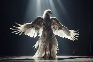  Illustration of  eagle wearing a dress like a model walks down the fashion runway or catwalk. The stage lights are focused on it. Generative Ai. © aiAnxiety