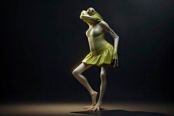 Illustration of  frog wearing a dress like a model walks down the fashion runway or catwalk. The stage lights are focused on it. Generative Ai.
